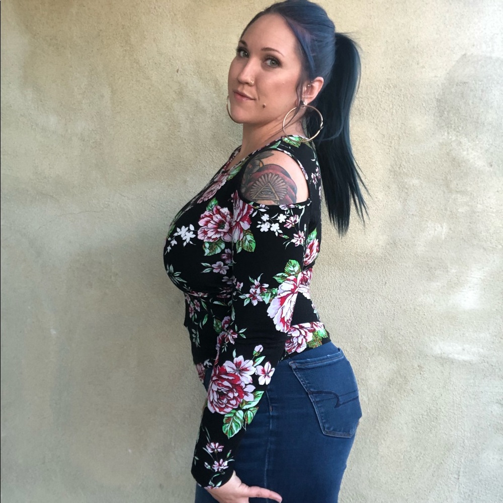 Black Floral Long Sleeve Top with Shoulder Cutout